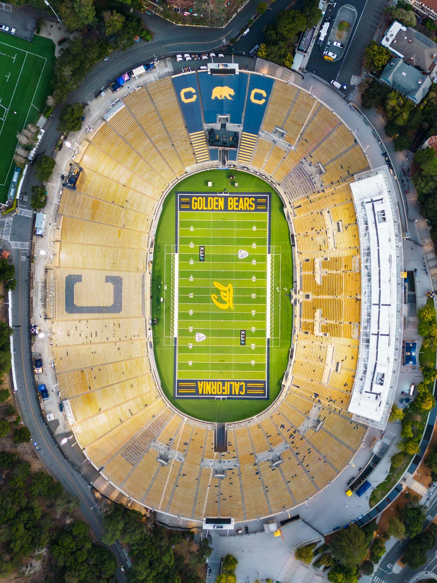 High angle shot of California Memorial Stadium in Berkeley, home of the Golden Bears.